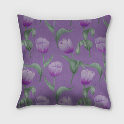 Подушка квадратная Фиолетовые тюльпаны с зелеными листьями
