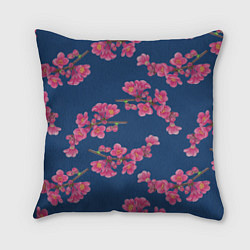 Подушка квадратная Веточки айвы с розовыми цветами на синем фоне