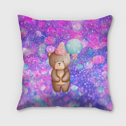 Подушка квадратная День Рождения - Медвежонок с шариками, цвет: 3D-принт