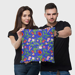 Подушка квадратная Цветочки - синий фон - паттерн, цвет: 3D-принт — фото 2