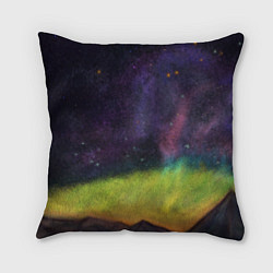 Подушка квадратная Горный пейзаж со звёздным небом и северным сиянием