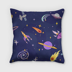 Подушка квадратная Космический дизайн с планетами, звёздами и ракетам