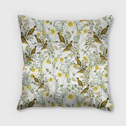Подушка квадратная Цветы Жёлтые С Птицами, цвет: 3D-принт