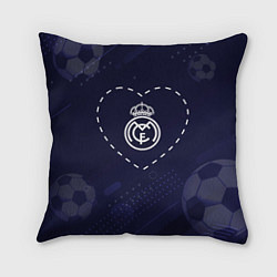 Подушка квадратная Лого Real Madrid в сердечке на фоне мячей