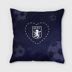 Подушка квадратная Лого Aston Villa в сердечке на фоне мячей