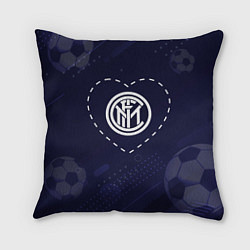 Подушка квадратная Лого Inter в сердечке на фоне мячей
