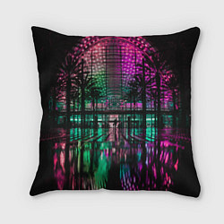 Подушка квадратная Неоновое здание ночью - Розовый, цвет: 3D-принт