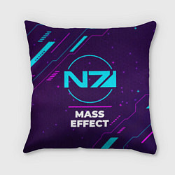 Подушка квадратная Символ Mass Effect в неоновых цветах на темном фон