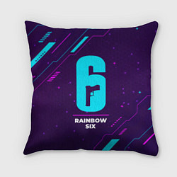 Подушка квадратная Символ Rainbow Six в неоновых цветах на темном фон