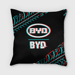 Подушка квадратная Значок BYD в стиле glitch на темном фоне, цвет: 3D-принт