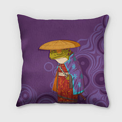 Подушка квадратная Лягуха-самурай на фиолетовом фоне