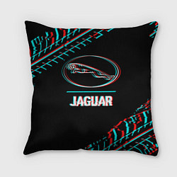 Подушка квадратная Значок Jaguar в стиле glitch на темном фоне