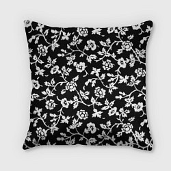 Подушка квадратная Белые цветы на чёрном фоне Белые цветы на чёрном ф, цвет: 3D-принт