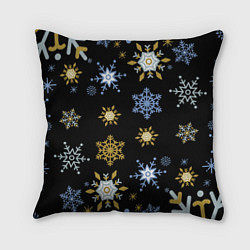 Подушка квадратная Новый год снежинки на чёрном фоне, цвет: 3D-принт
