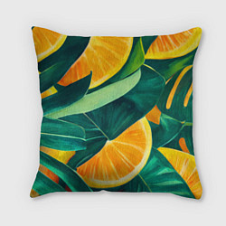 Подушка квадратная Листья монстеры и дольки апельсинов, цвет: 3D-принт