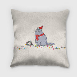 Подушка квадратная Кошка Хлоя с гирляндой, цвет: 3D-принт