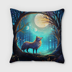 Подушка квадратная Волк в ночном лесу в folk art стиле, цвет: 3D-принт