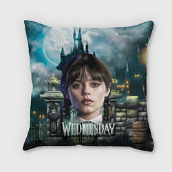 Подушка квадратная Wednesday темный замок, цвет: 3D-принт