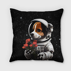 Подушка квадратная Щенок космонавт с тюльпанами