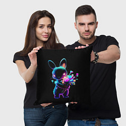 Подушка квадратная Неоновый заяц с цветами, цвет: 3D-принт — фото 2