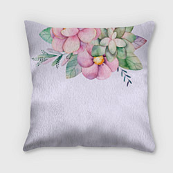 Подушка квадратная Пастельные цветы акварелью - наверху, цвет: 3D-принт
