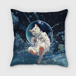Подушка квадратная Белый кот космонавт в невесомости