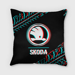 Подушка квадратная Значок Skoda в стиле glitch на темном фоне, цвет: 3D-принт