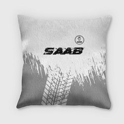 Подушка квадратная Saab speed на светлом фоне со следами шин: символ