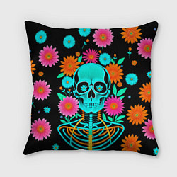 Подушка квадратная Неоновый скелет в цветах, цвет: 3D-принт