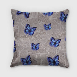 Подушка квадратная Газетные обрывки и синие бабочки