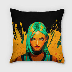 Подушка квадратная Девушка с аквамариновыми волосами с жёлтой краской