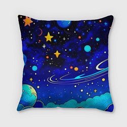 Подушка квадратная Мультяшный космос темно-синий, цвет: 3D-принт