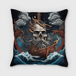 Подушка квадратная Тату ирезуми черепа пирата на корабле в шторм, цвет: 3D-принт