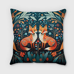 Подушка квадратная Две лисички в стиле фолк арт, цвет: 3D-принт