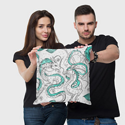 Подушка квадратная Дракон Хаку в стиле тату: белый и бирюзовый паттер, цвет: 3D-принт — фото 2