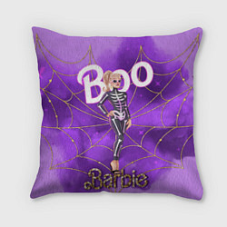 Подушка квадратная Барби в костюме скелета: паутина и фиолетовый дым
