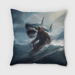 Подушка квадратная Мужчина уплывает от акулы на обломках лодки, цвет: 3D-принт
