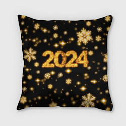 Подушка квадратная Новый 2024 год - золотые снежинки