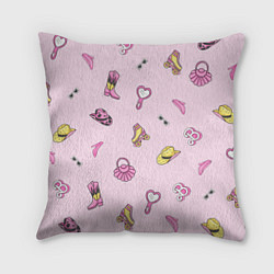 Подушка квадратная Барби аксессуары - розовый паттерн, цвет: 3D-принт
