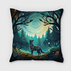 Подушка квадратная Волк в ночном лесу фолк-арт, цвет: 3D-принт
