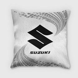 Подушка квадратная Suzuki speed на светлом фоне со следами шин