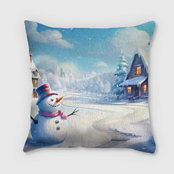 Подушка квадратная Новогодний пейзаж снеговик, цвет: 3D-принт