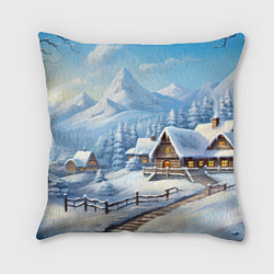 Подушка квадратная Новогодняя зимняя деревня, цвет: 3D-принт