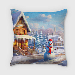 Подушка квадратная Новогодняя деревня и снеговик, цвет: 3D-принт