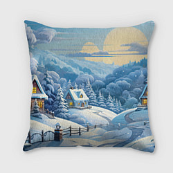 Подушка квадратная Зима в деревне, цвет: 3D-принт