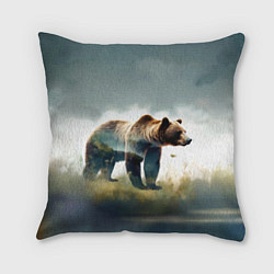 Подушка квадратная Минималистичный пейзаж с медведем акварель