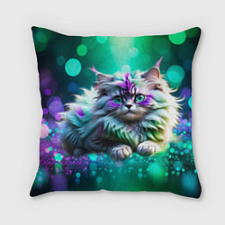 Подушка квадратная Пушистый котенок в бирюзово фиолетовом боке