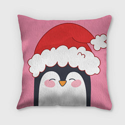 Подушка квадратная Новогодний пингвин в шапке Санты