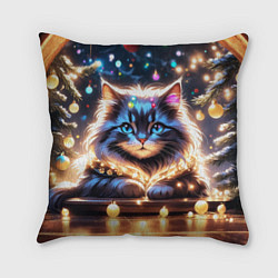Подушка квадратная Кот с гирляндой среди новогодних украшений