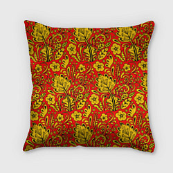 Подушка квадратная Хохломская роспись золотистые цветы на красном фон, цвет: 3D-принт